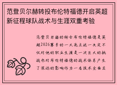 范登贝尔赫转投布伦特福德开启英超新征程球队战术与生涯双重考验